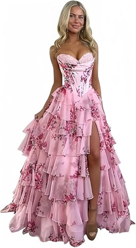 Amazon.com: Lrhneeior Floral Tiered Floral Pink Strapless Prom